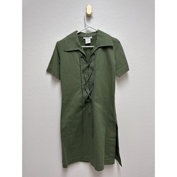 Vintage 1990 Yves Saint Laurent Safari Green Lace Up Dress Women’s Size 38
